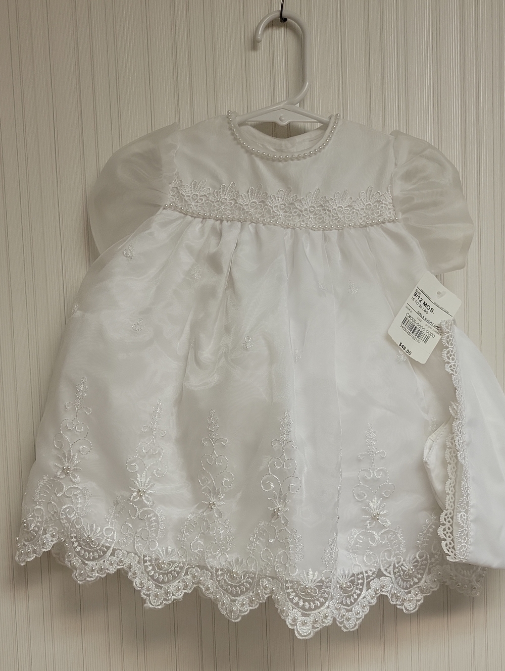 White Lace Embellished Baby Dress with Pearled Neckline 9-12 Months Babtism New
